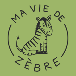 a cartoon zebra with "ma vie de zebra" text in a circle around it