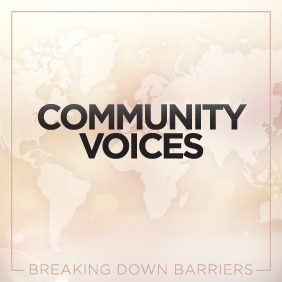 the graphic reads "community voices"