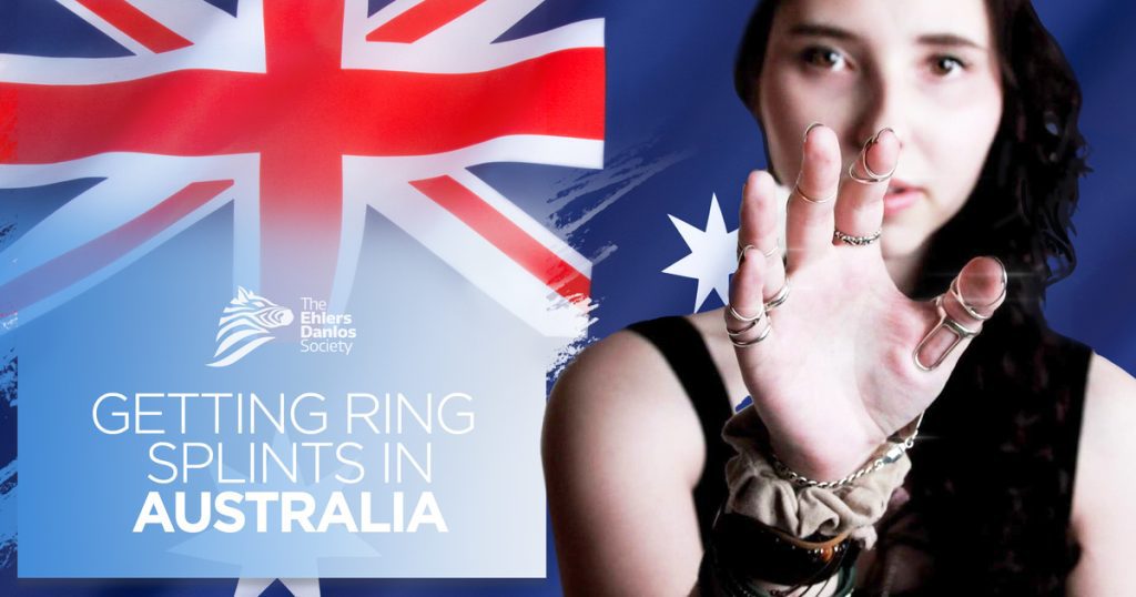 Australian Flag. Text reads Getting ring splints in Australia. Christina holds her hand in front of her face with ring splints on. 
