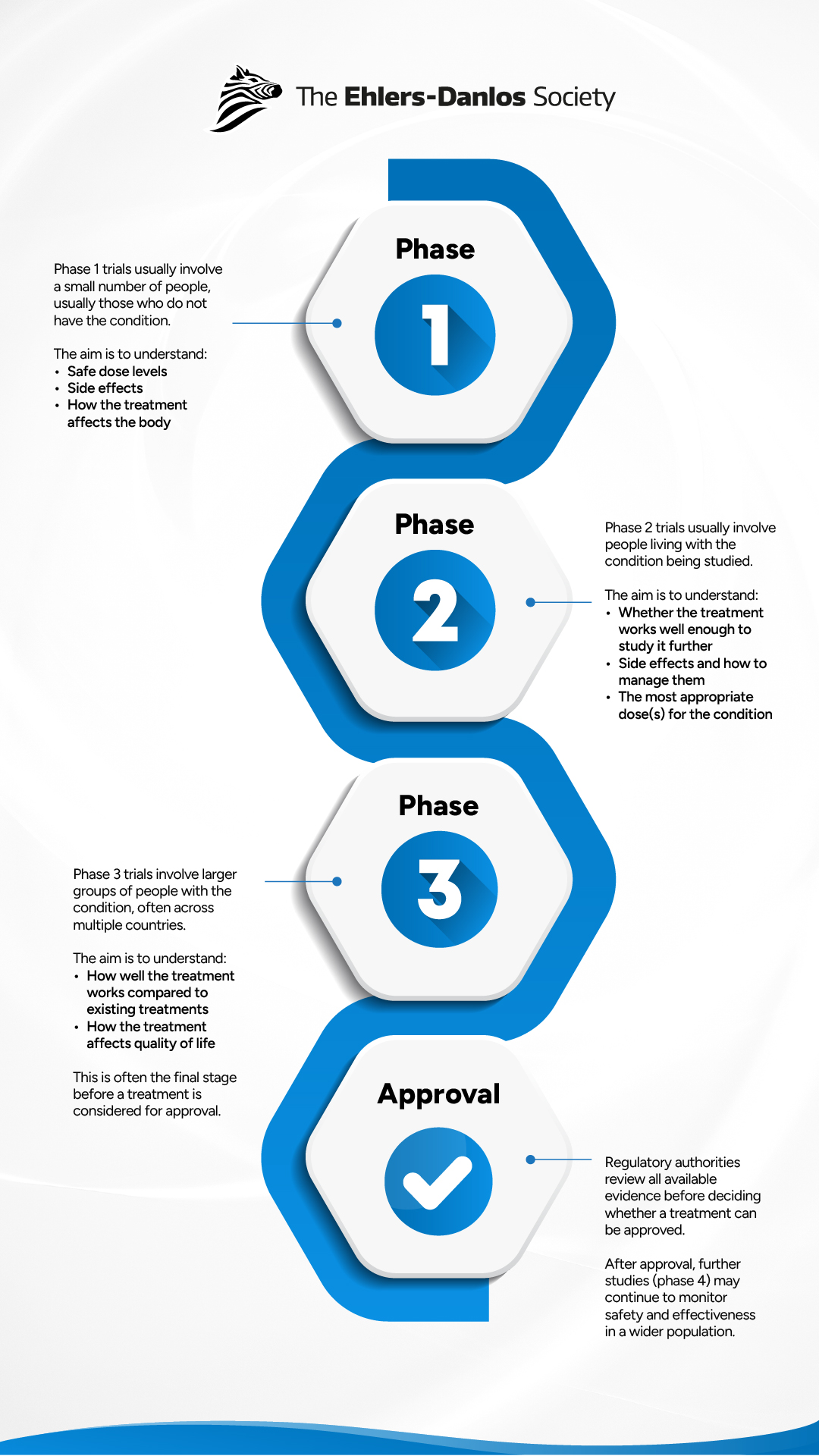 Phase 1 Phase 1 trials usually involve a small number of people, usually those who do not have the condition. The aim is to understand: Safe dose levels Side effects How the treatment affects the body Phase 2 Phase 2 trials usually involve people living with the condition being studied. The aim is to understand: Whether the treatment works well enough to study it further Side effects and how to manage them The most appropriate dose(s) for the condition Phase 3 Phase 3 trials involve larger groups of people with the condition, often across multiple countries. The aim is to understand: How well the treatment works compared to existing treatments How the treatment affects quality of life This is often the final stage before a treatment is considered for approval. Approval Regulatory authorities review all available evidence before deciding whether a treatment can be approved. Phase 4 After approval, further studies (phase 4) may continue to monitor safety and effectiveness in a wider population.
